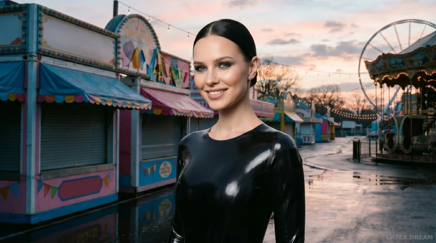 Liora in black latex catsuit fairground dawn editorial, AI-generated fashion visual 3