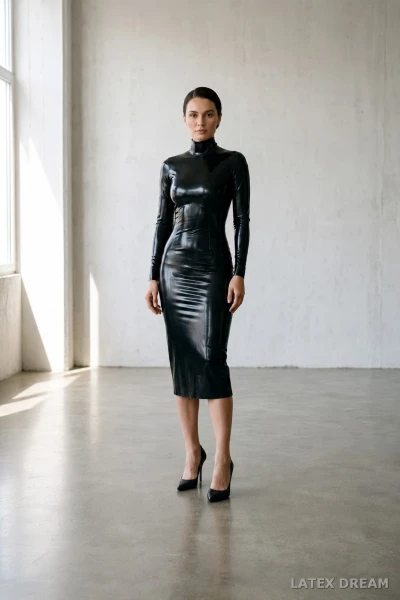 Mira in black latex dress, AI-generated fashion visual 9