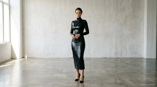 Mira in black latex dress, AI-generated fashion visual 3