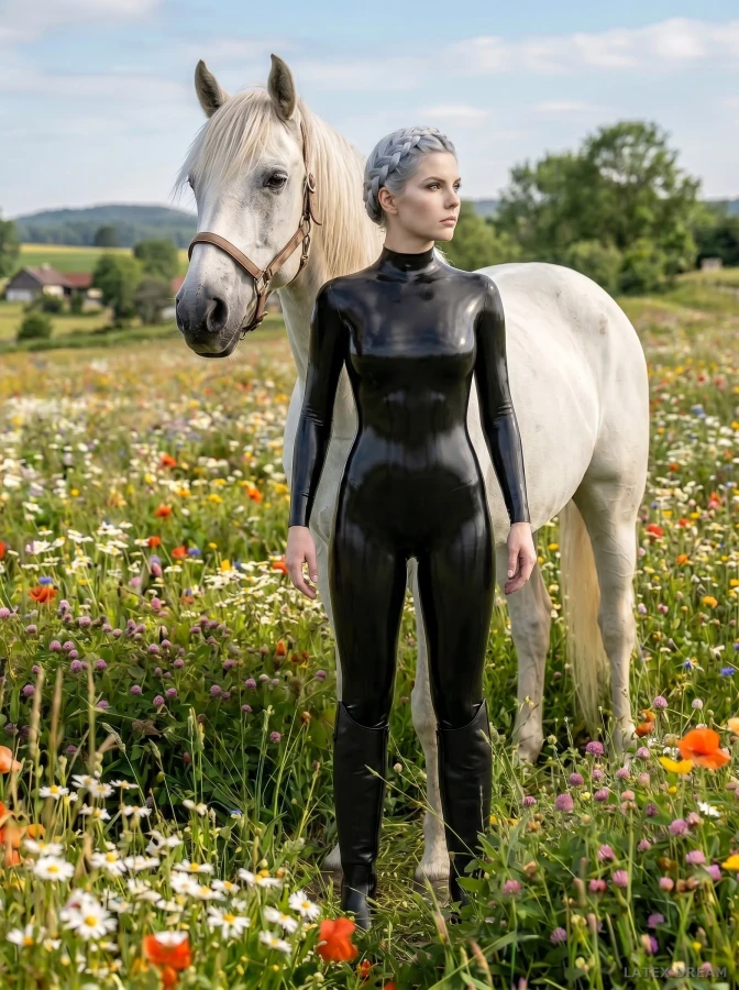 Selene in black latex meadow horse portrait, AI-generated fashion visual 3