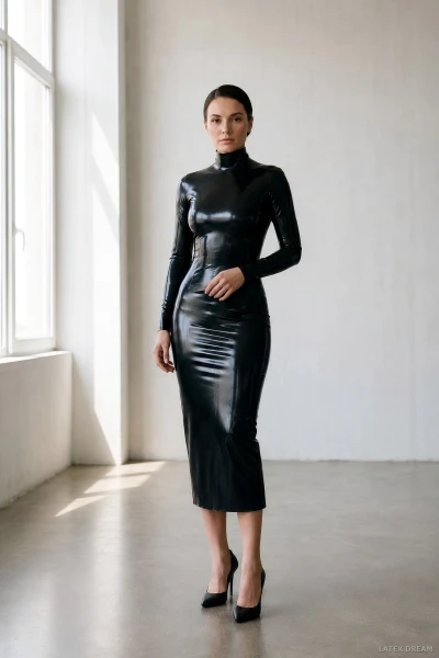 Mira in black latex dress, AI-generated fashion visual 2