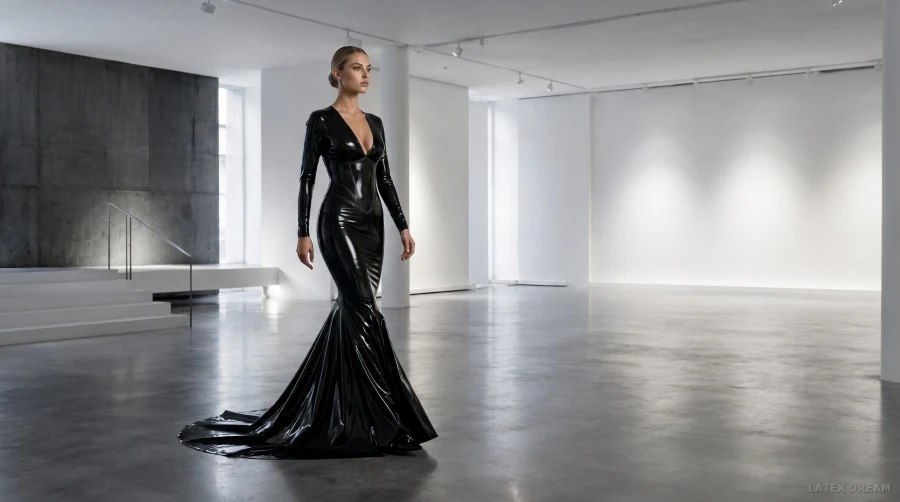 Enya in noir latex gallery, AI-generated fashion visual 2