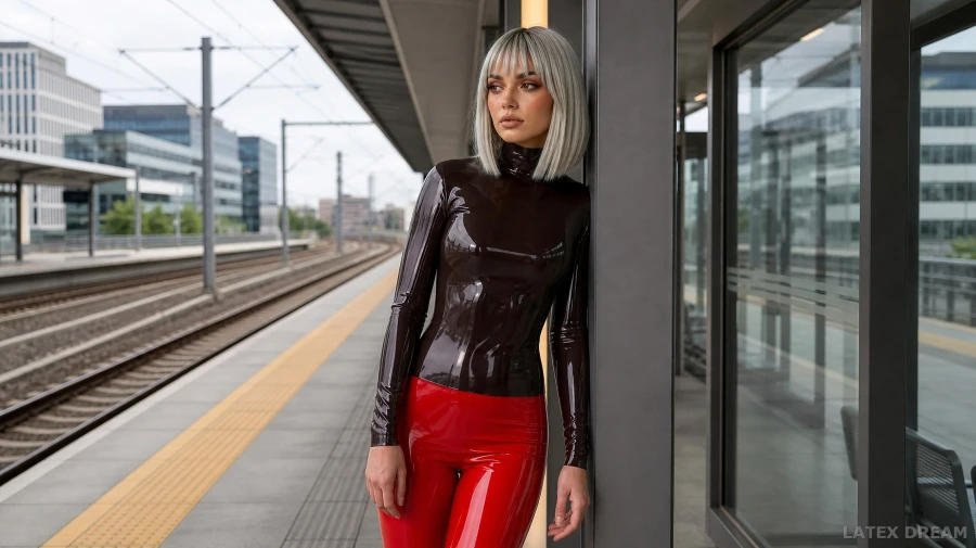 Nola in red latex transit editorial, AI-generated fashion visual 4