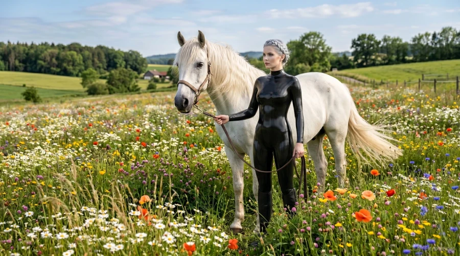 Selene in black latex meadow horse portrait, AI-generated fashion visual 4