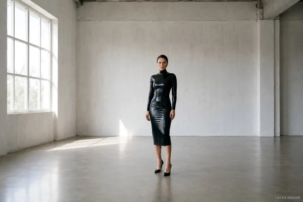 Mira in black latex dress, AI-generated fashion visual 5