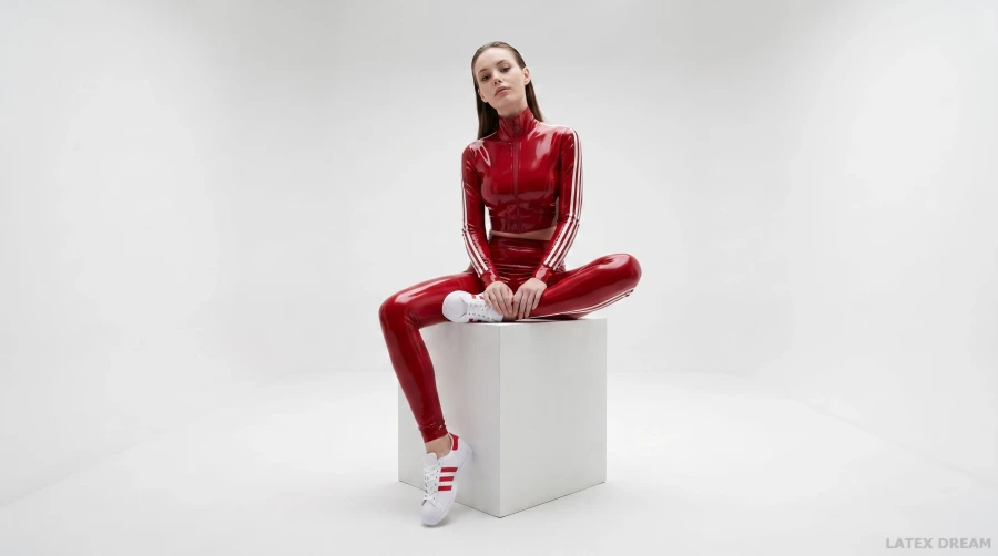 Lunea in cherry red latex sports luxe editorial, AI-generated fashion visual 2