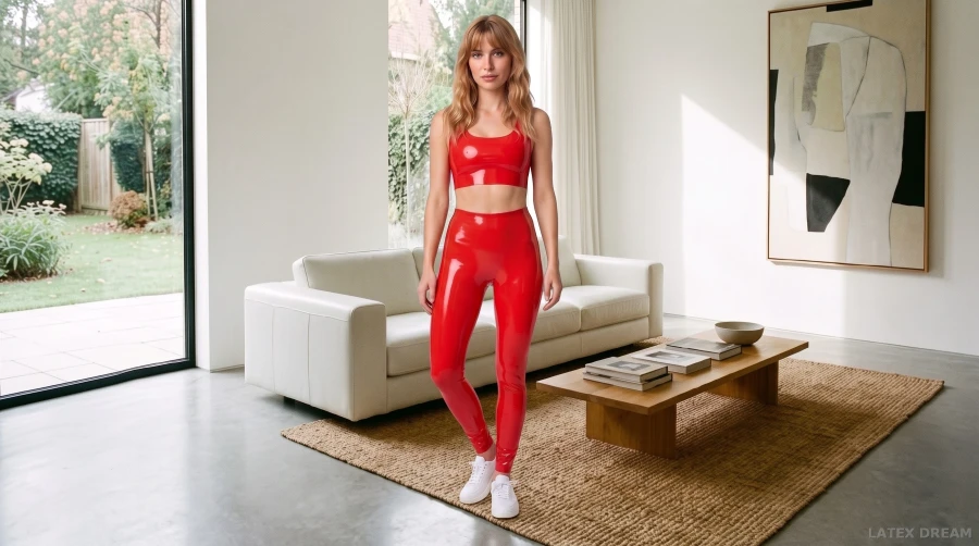 Leni in red latex sunlit lounge editorial, AI-generated fashion visual 2