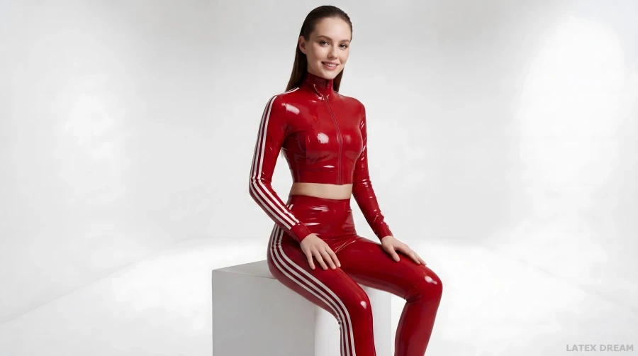 Lunea in cherry red latex sports luxe editorial, AI-generated fashion visual 3