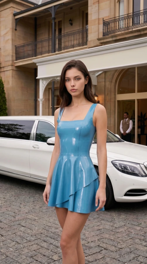 Ylva in sky blue latex mini dress luxury hotel editorial, AI-generated fashion visual 9