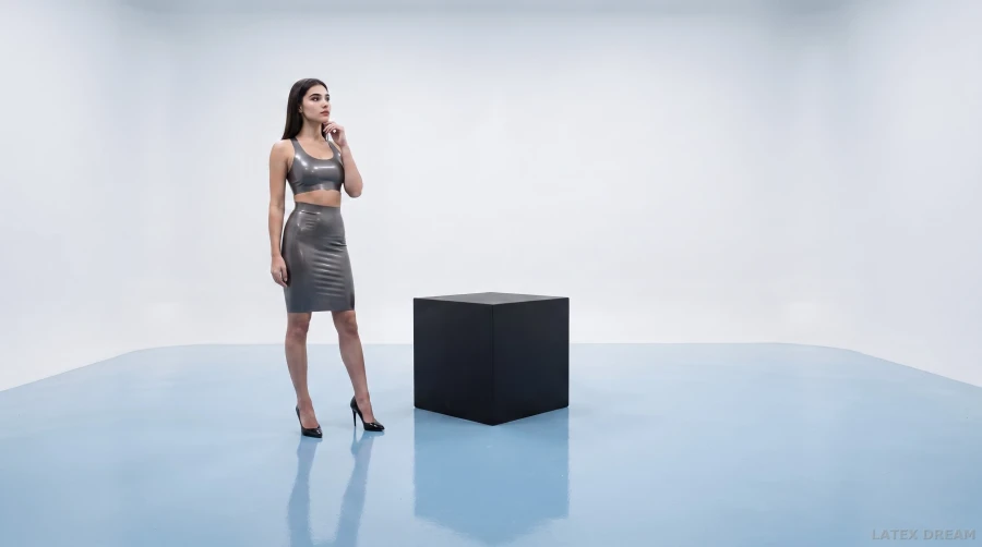 Lira in silver latex studio editorial, AI-generated fashion visual 2