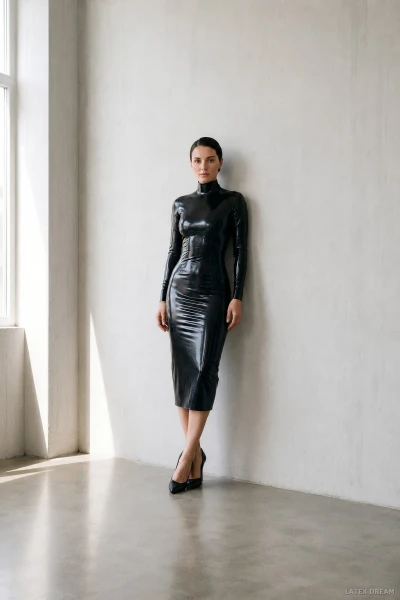 Mira in black latex dress, AI-generated fashion visual 4