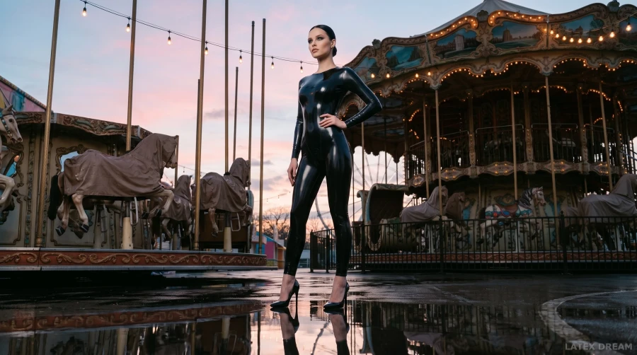 Liora in black latex catsuit fairground dawn editorial, AI-generated fashion visual 4