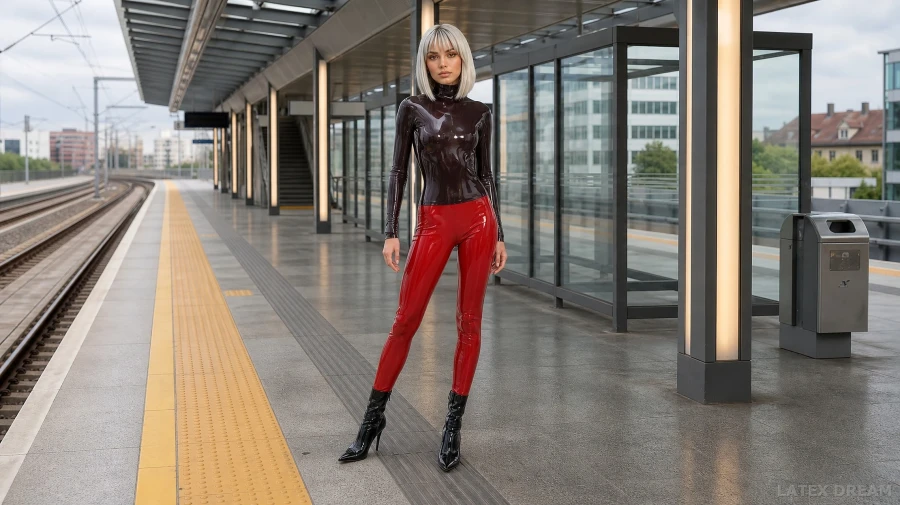 Nola in red latex transit editorial, AI-generated fashion visual 2