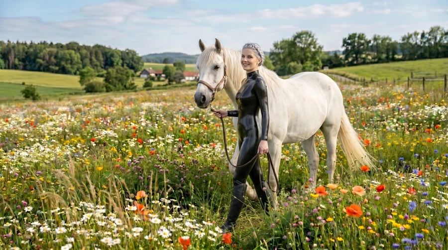 Selene in black latex meadow horse portrait, AI-generated fashion visual 5
